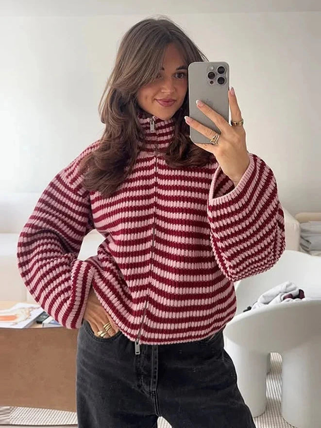Women’s Casual Turtleneck Ribbed Sweater – Loose Full Sleeve Zipper Cardigan