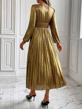 Women's Gold Long Sleeve Pleated V-Neck Dress - Elegant Wedding, Prom & Holiday Party Gown