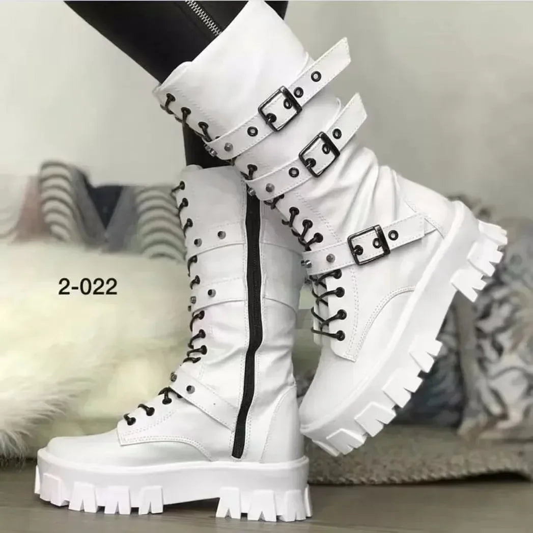 Women’s Gothic PU Leather Platform Mid-Calf Boots