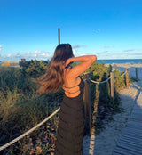 Damen-Maxikleid mit Schnürung am Rücken, rückenfrei, für den Urlaub, Strand, hohe Taille, einfarbig, elegant