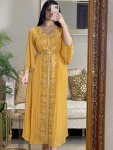 Das Kaftankleid „Saffron Royale“ – mit typischer Stickerei aus gelben Diamanten – Luxuriöses marokkanisches Partykleid