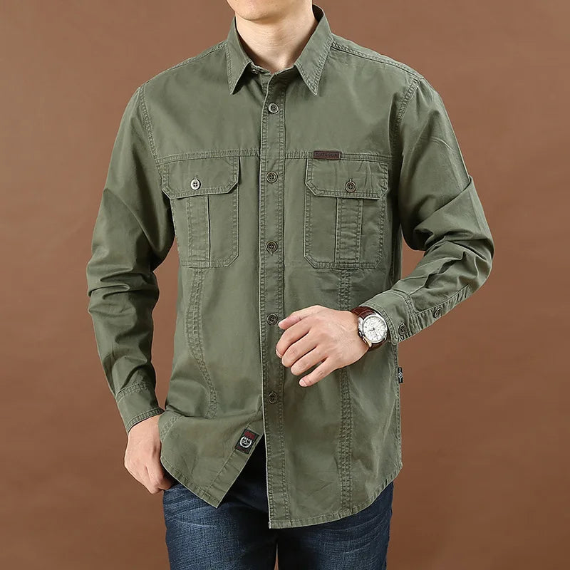 Men’s Pure Cotton Loose Fit Long Sleeve Tooling Cargo Shirt