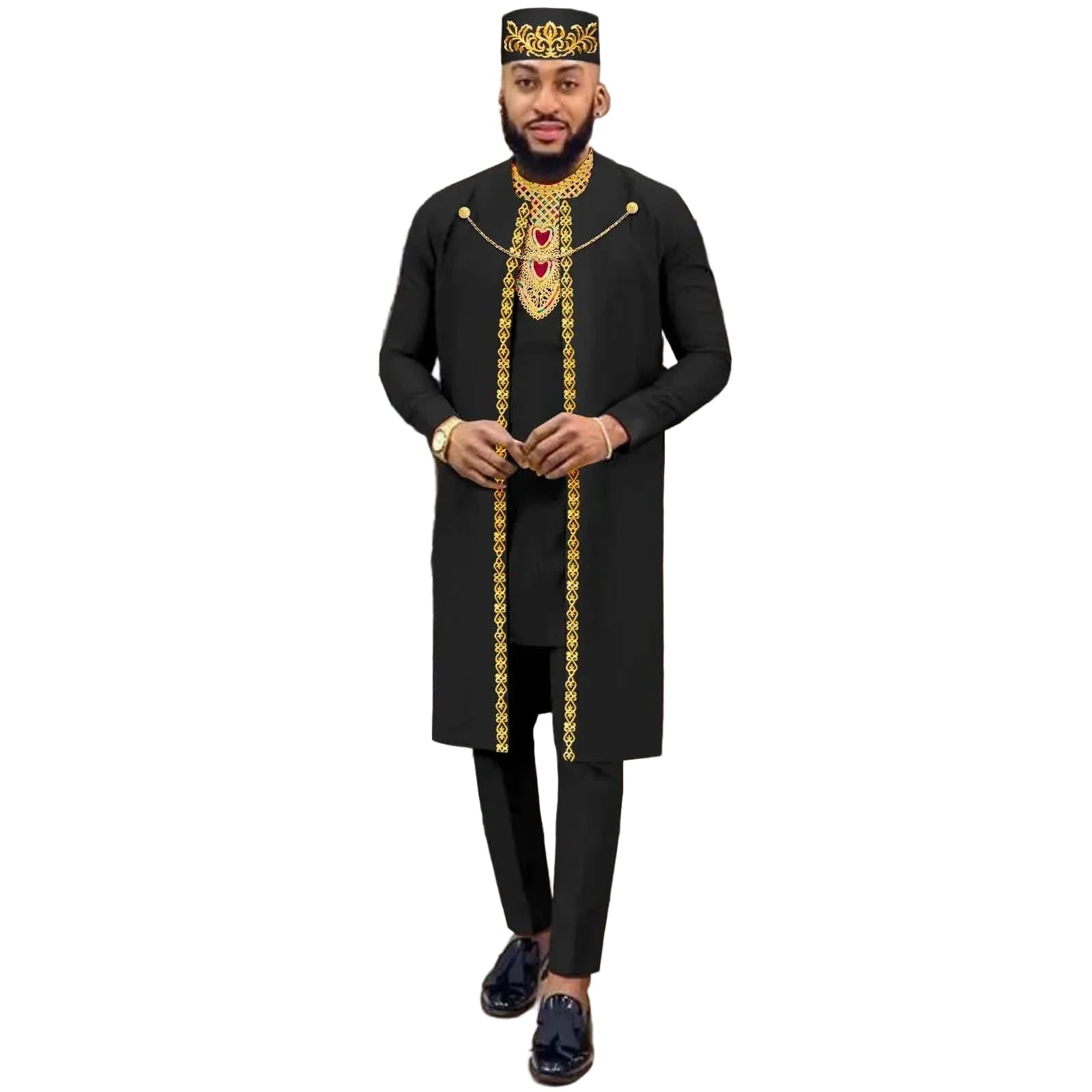 Herren 4-teiliges Agbada-Set – Besticktes Gewand, Hemd, Hose und Mütze, traditioneller Dashiki Hochzeitsanzug