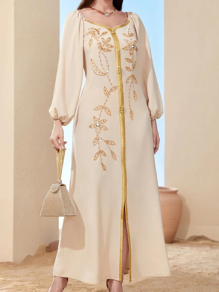 Muslim Dress Caftan with Embroidery – Lantern Sleeve Bandage Dress
