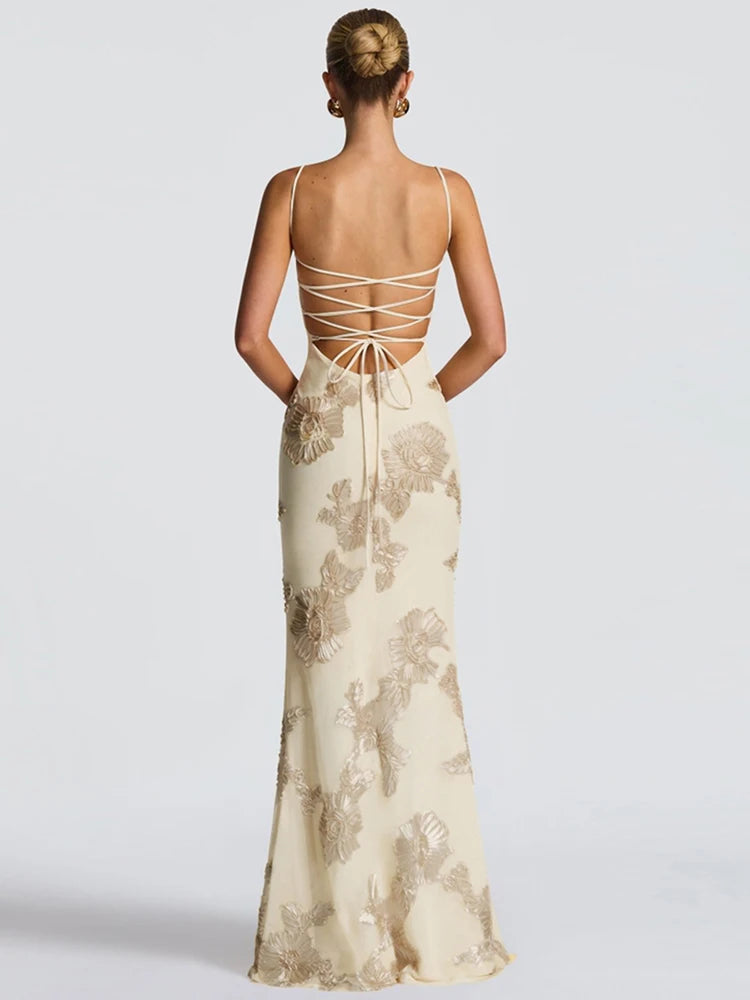 Sexy rückenfreies Bandage-Maxikleid – figurbetonter langer Damen-Bademantel, ärmelloses Partykleid mit tiefem Ausschnitt