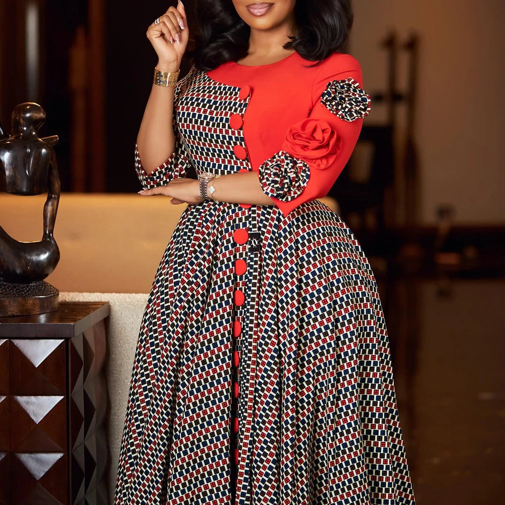 Elegantes Damen-A-Linien-Kleid mit 3D-Blumen – Herbstmode, afrikanisches Abendkleid mit Karomuster