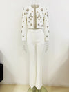 Damenjacke mit Perlenbesatz & ausgestellte Hose mit Schlitz | Designer-Kostümset mit Perlen & Strass