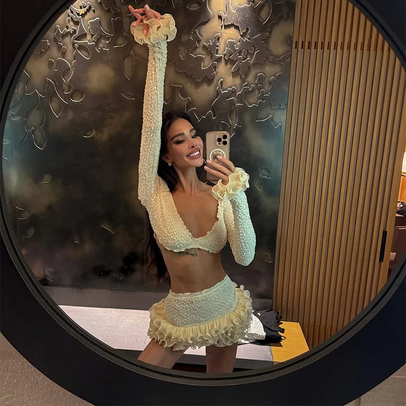 Women’s Beach Long Sleeve Sexy 3D Flower Crop Top & Skirt Set