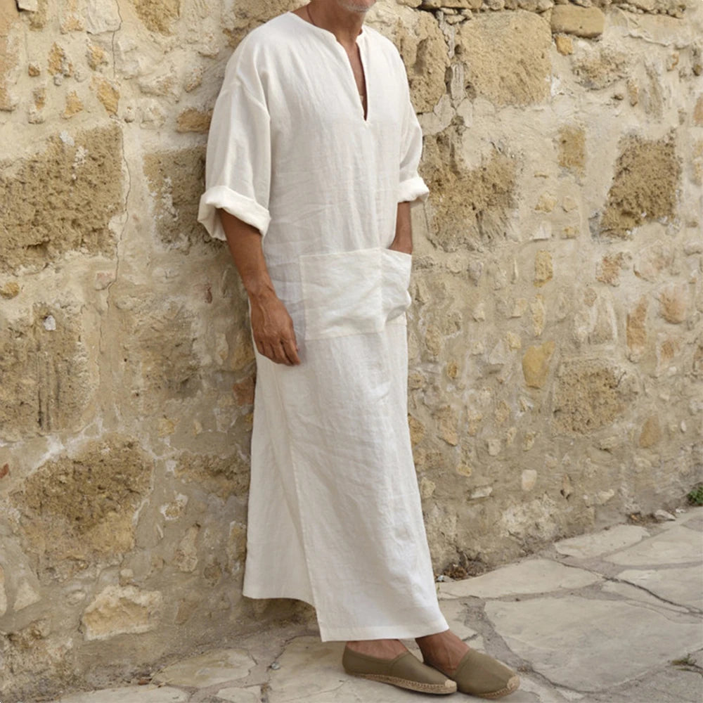 Men’s Long Cotton Linen Jubba Thobe – V-Neck Muslim Arab Islamic Kaftan
