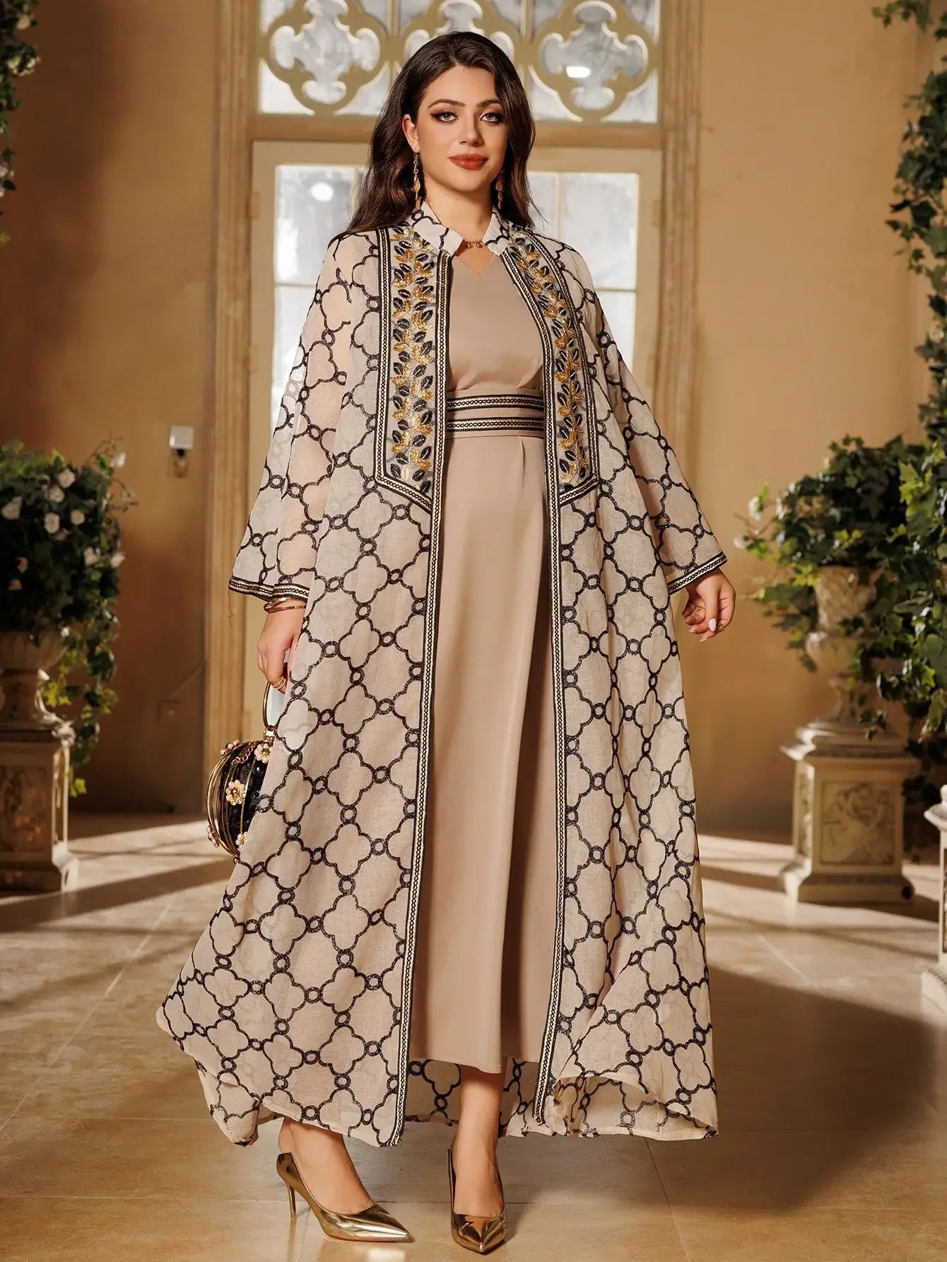 Muslimisches 2-teiliges Abaya-Set für Damen | Bestickte offene Strickjacke mit Innenkleid