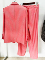 Women’s High-End Designer Suit Set – Single Button Blazer with Diamond Shape Striping & High Waist Pants