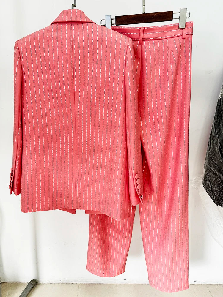 Women’s High-End Designer Suit Set – Single Button Blazer with Diamond Shape Striping & High Waist Pants