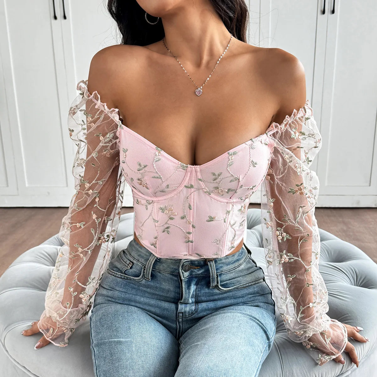Women’s Sexy Mesh Long Sleeve Corset | Flower Embroidered Fishbone Bustier