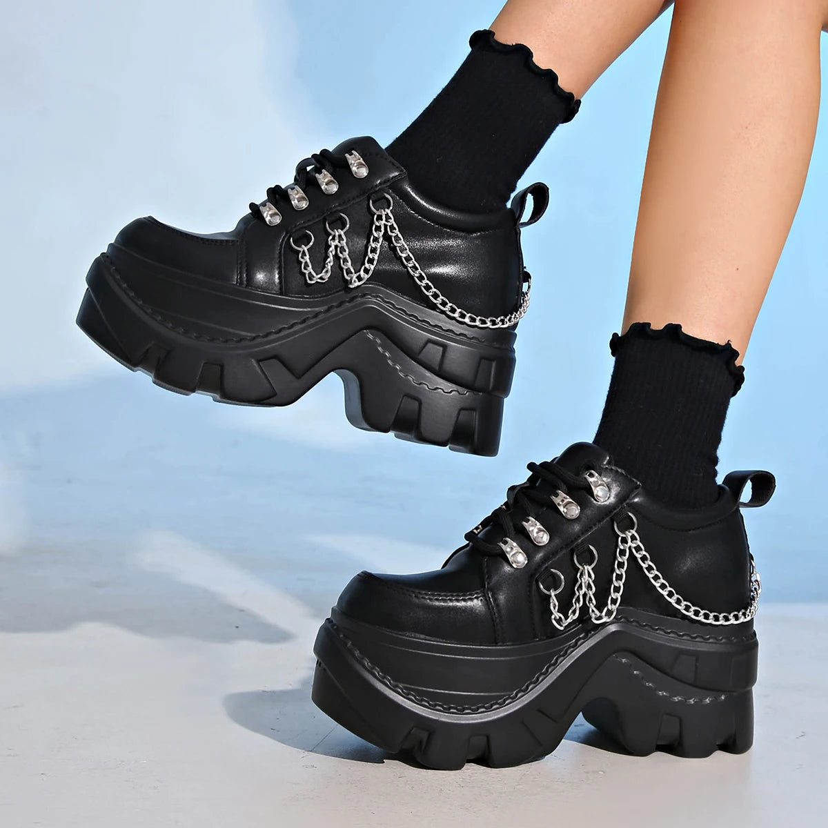 Women’s Gothic 8cm+ Chunky Sole Black Chain Platform Sneakers