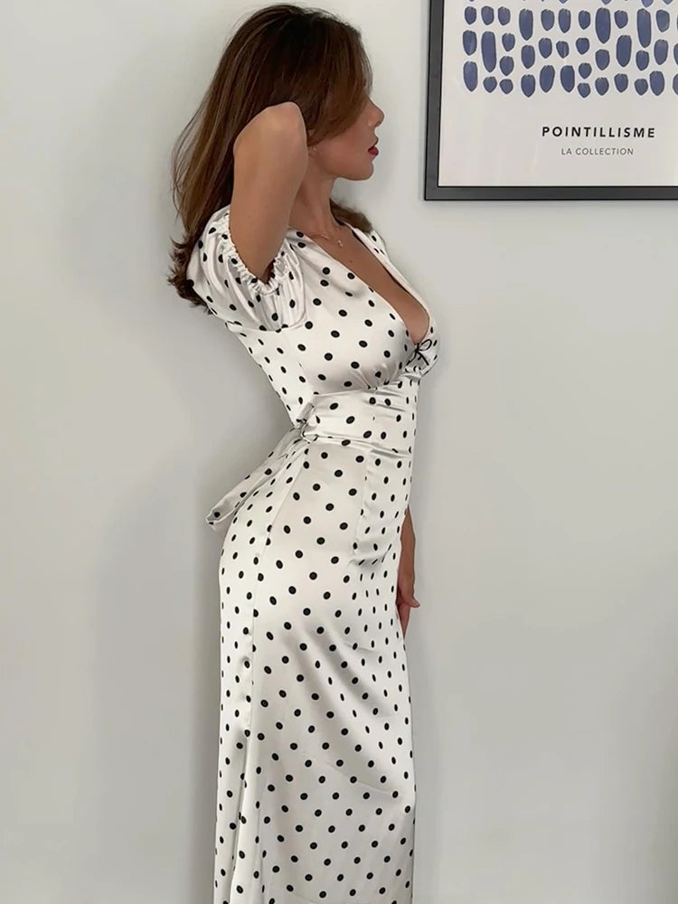 Women’s Sexy White Polka Dot Maxi Dress – Deep V-Neck Short Sleeve Lace Up Dress