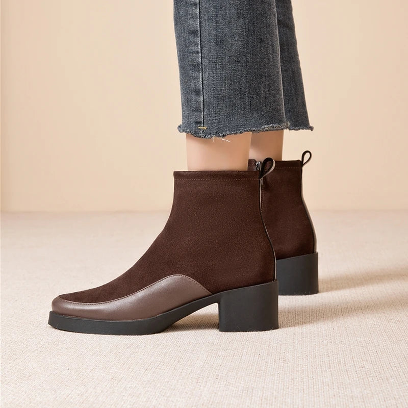 Women’s Genuine Leather Ankle Boots – Pointed Toe Chunky High Heel Boots