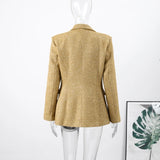 Women's Golden Sequin Blazer - Elegant V-Neck Double Breasted Evening Jacket, Slim Fit Formal Party Outerwear
