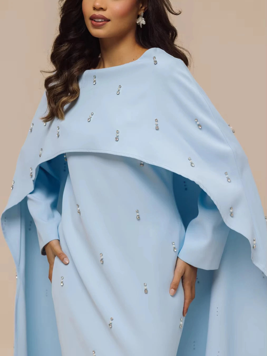 Women’s Cape Abaya Pearl Diamond Embellished – Luxury Caftan Shawl Modest Muslim Dress