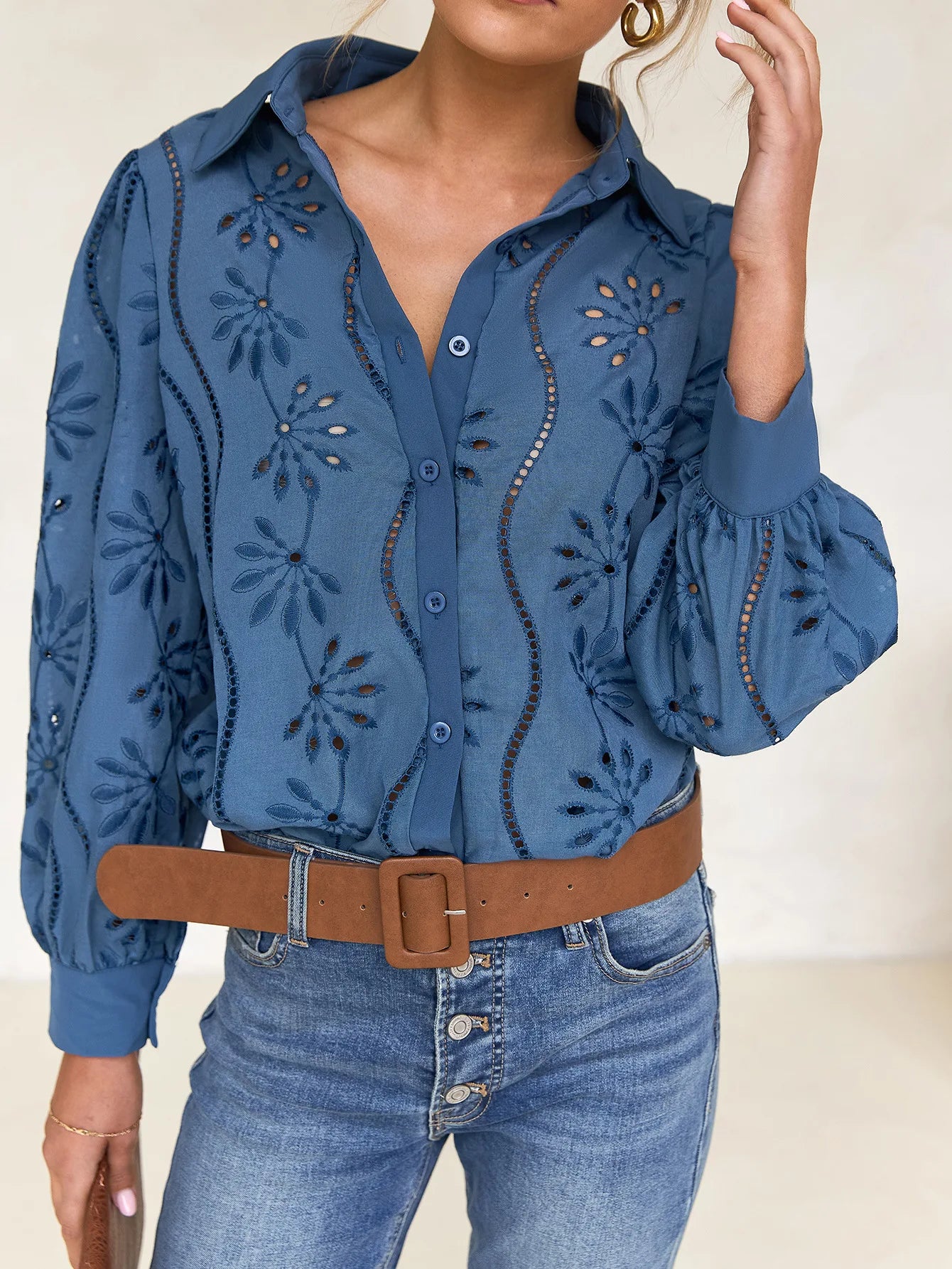 Women’s Hollow-Out Puff Sleeve Blouse – Casual Loose Solid Shirt