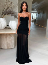 Damen-Neckholder-Maxikleid mit Raffungen – sexy ärmelloses Mesh-Splice-Maxikleid