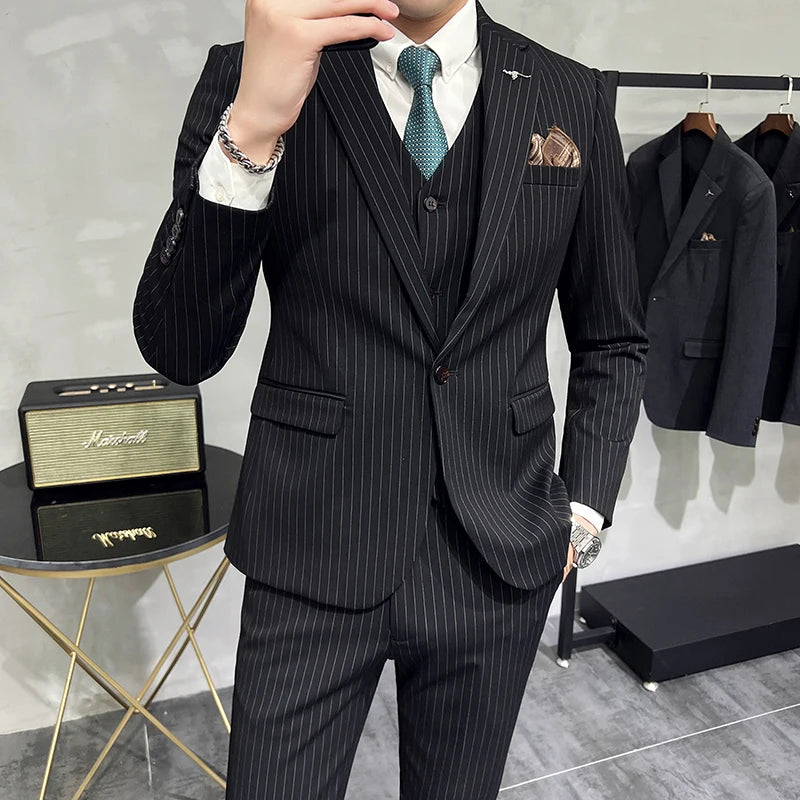 3-Piece Men’s Luxury Striped Suit – Single & Double Breasted Pinstripe Blazer, Vest & Pants Set