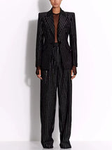Women’s High-End Designer Suit Set – Single Button Blazer with Diamond Shape Striping & High Waist Pants