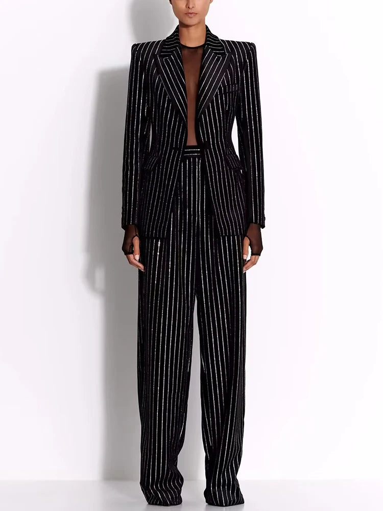 Women’s High-End Designer Suit Set – Single Button Blazer with Diamond Shape Striping & High Waist Pants