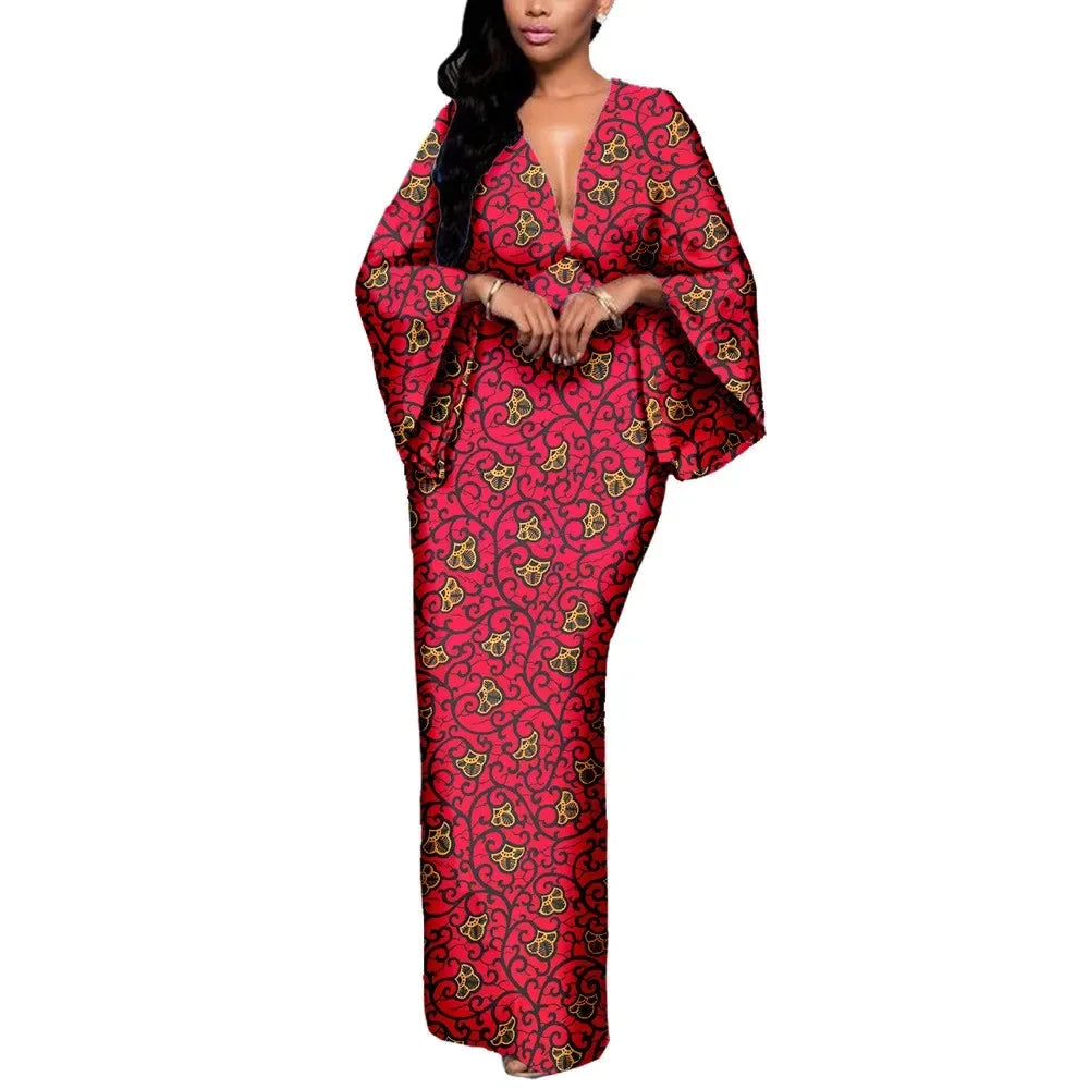 Ankara Maxikleid für Damen mit V-Ausschnitt und ausgestellten Ärmeln