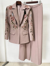 Pink Designer Runway Suit Set - Women's 3D Floral Beaded Blazer & Wide Leg Pants