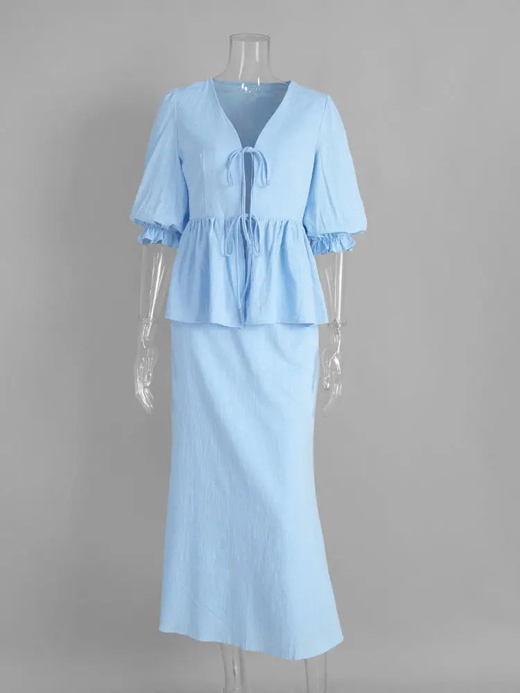 Women’s V-Neck Lace-Up Short Sleeve Crop Top & Slim High Waist Long Skirt Set