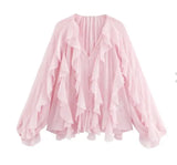 Women’s Elegant V-Neck Blouse – Single-Breasted Long Sleeve Shirt