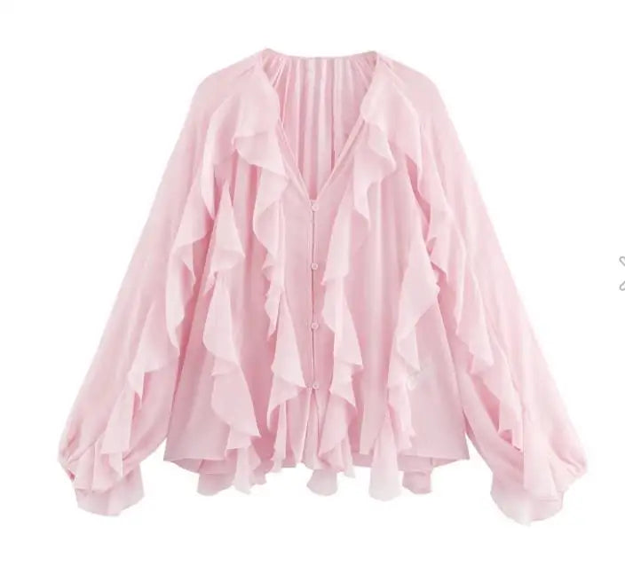 Women’s Elegant V-Neck Blouse – Single-Breasted Long Sleeve Shirt