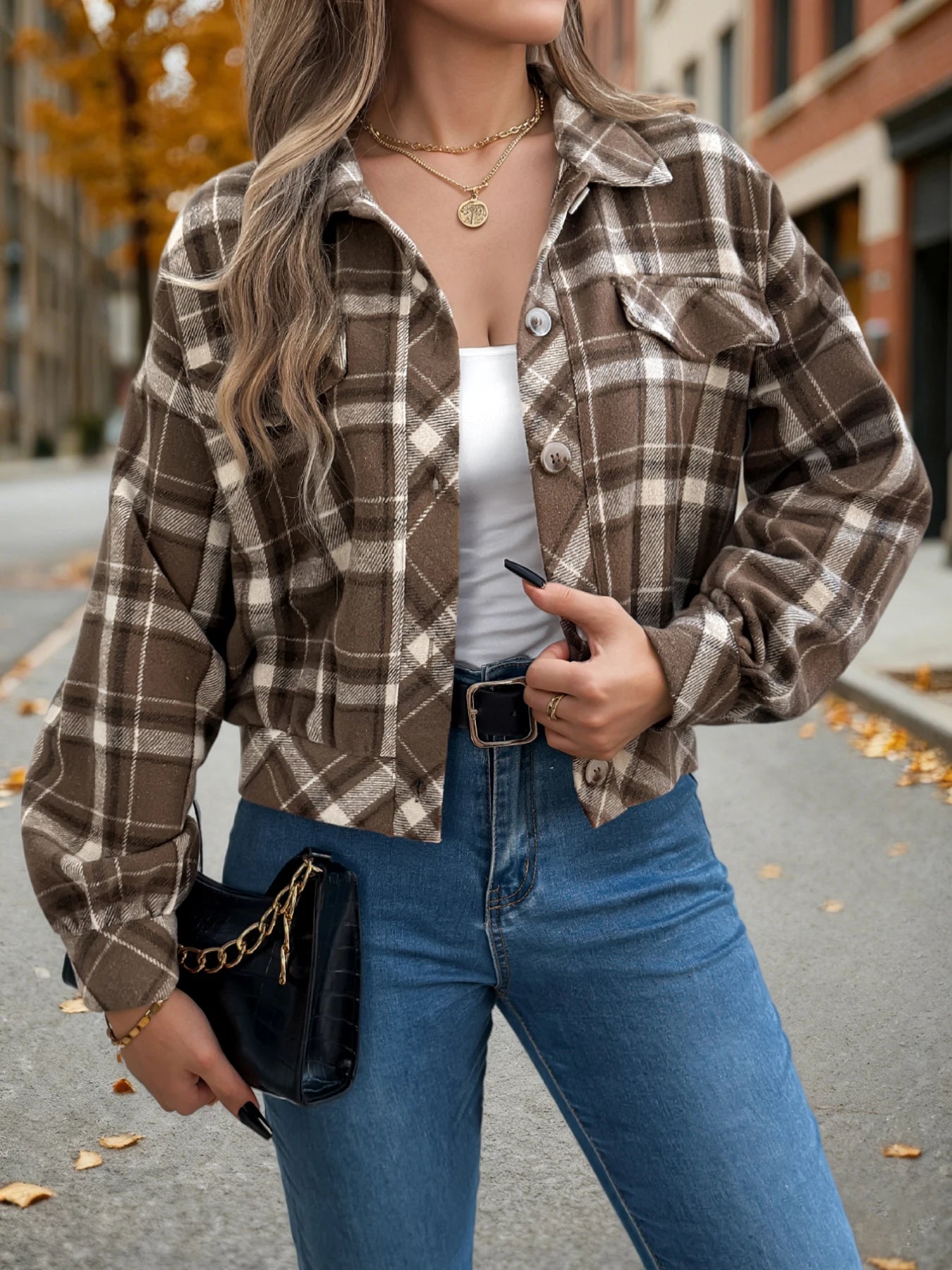 Damen karierte Cropped Wolljacke – Laternenärmel Knopfleistenmantel