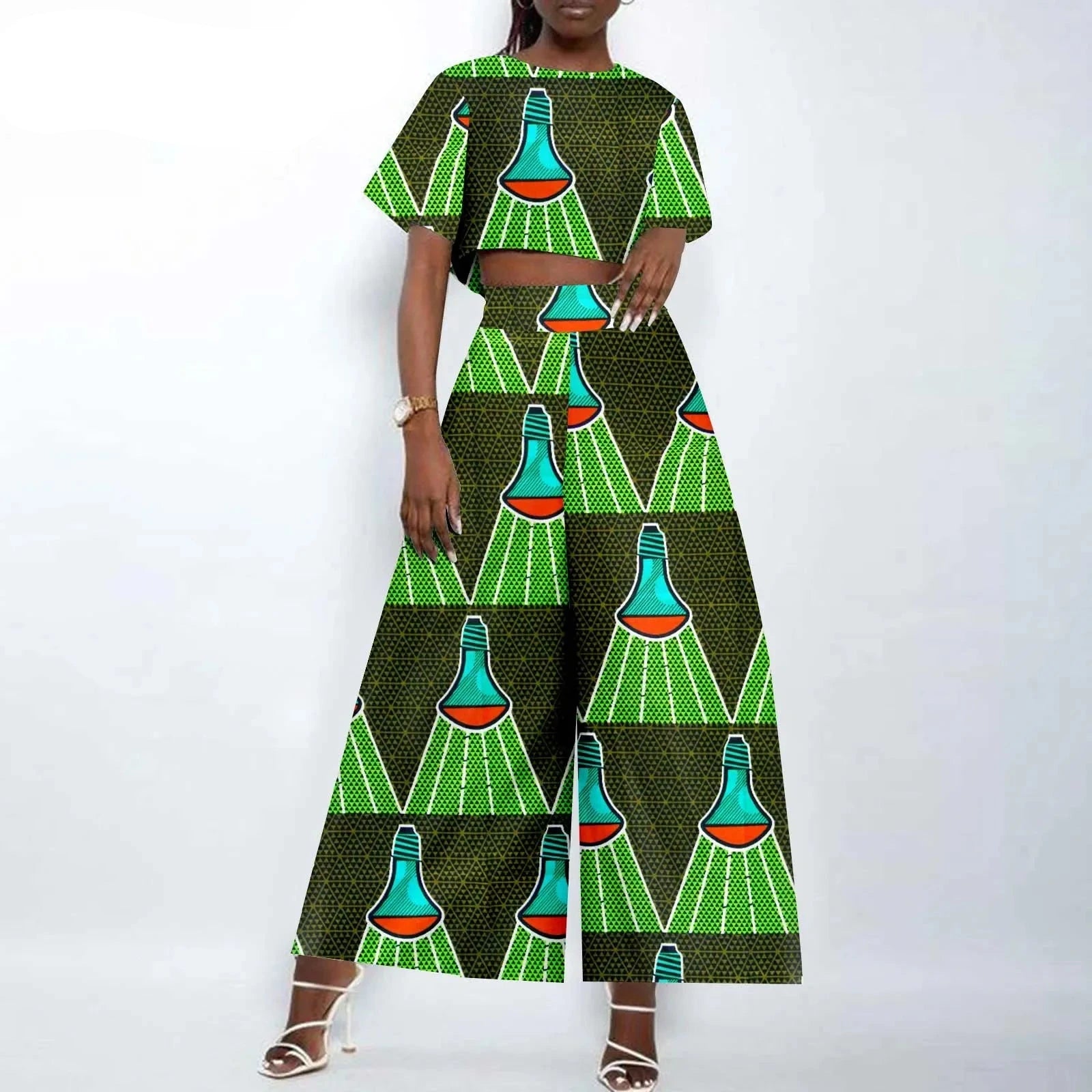 Afrikanisches zweiteiliges Ankara-Outfit für Damen | Crop Top und weite Hose
