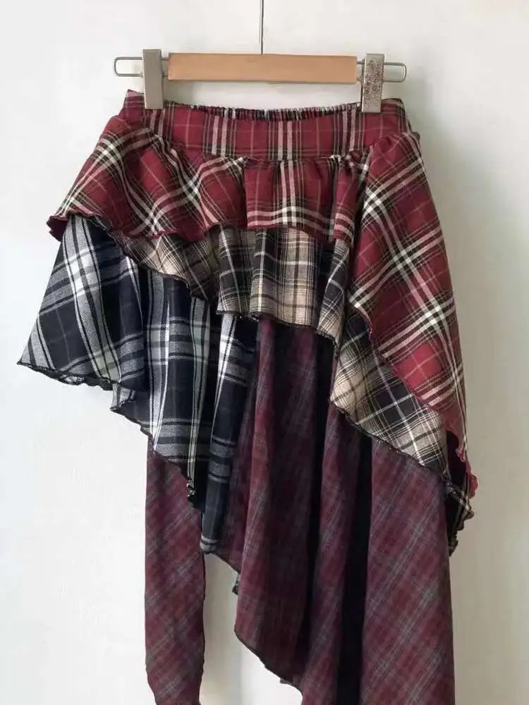 Damen Rot Karierter Patchwork A-Linien Rock mit Hoher Taille und Unregelmäßigem Saum