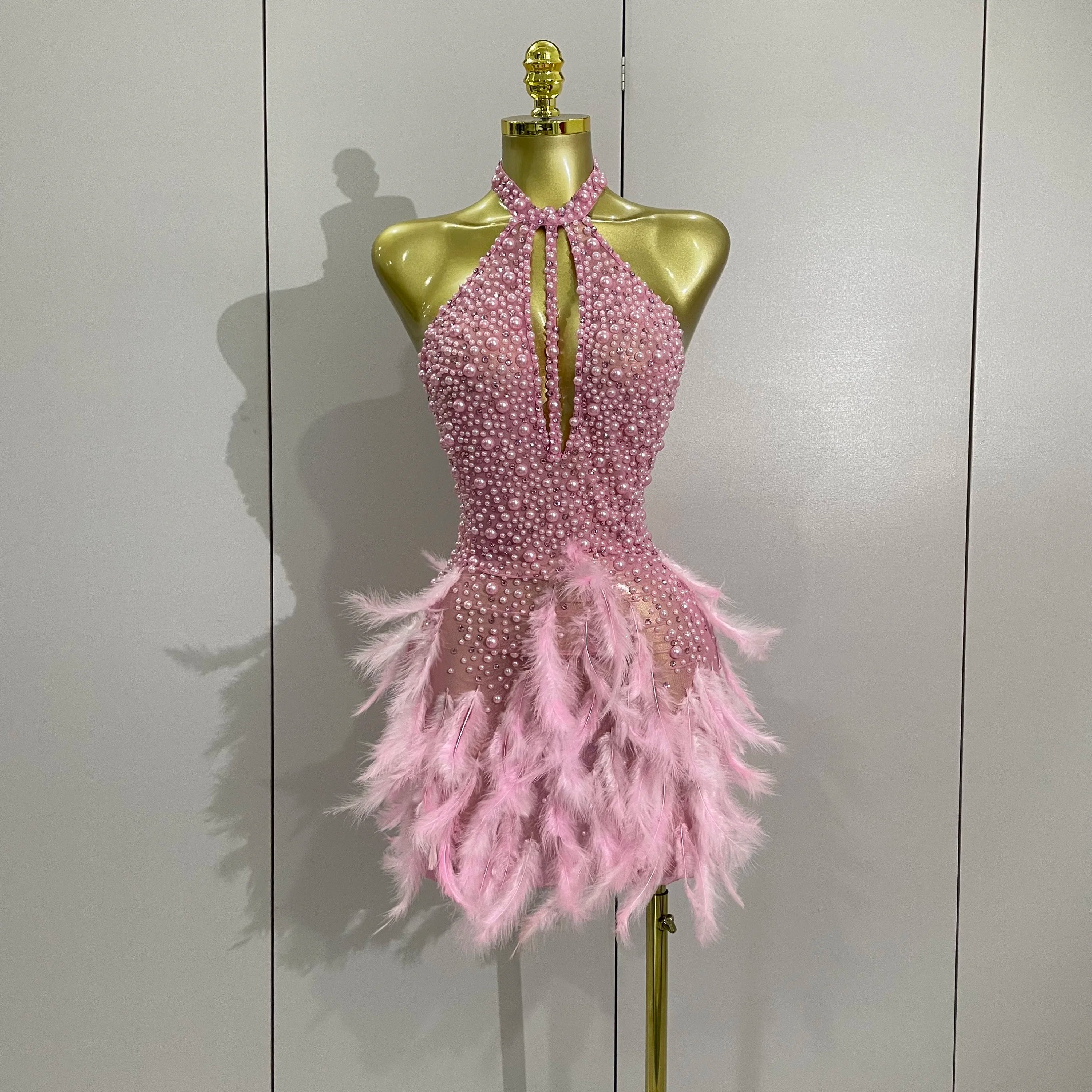 Luxury Women’s Rhinestone & Pearl Mini Dress – Sexy Feather Halter Backless Gown