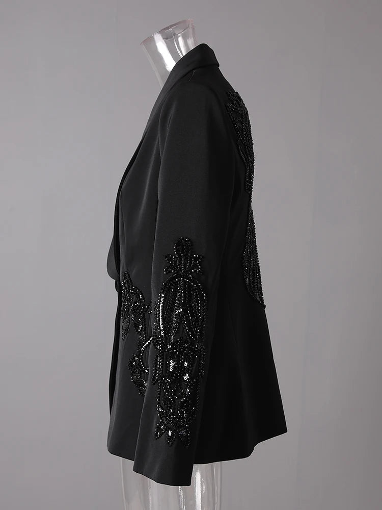 Damen Blazer mit Mesh-Einsätzen und Nagelkette & Chiffonhose mit hoher Taille
