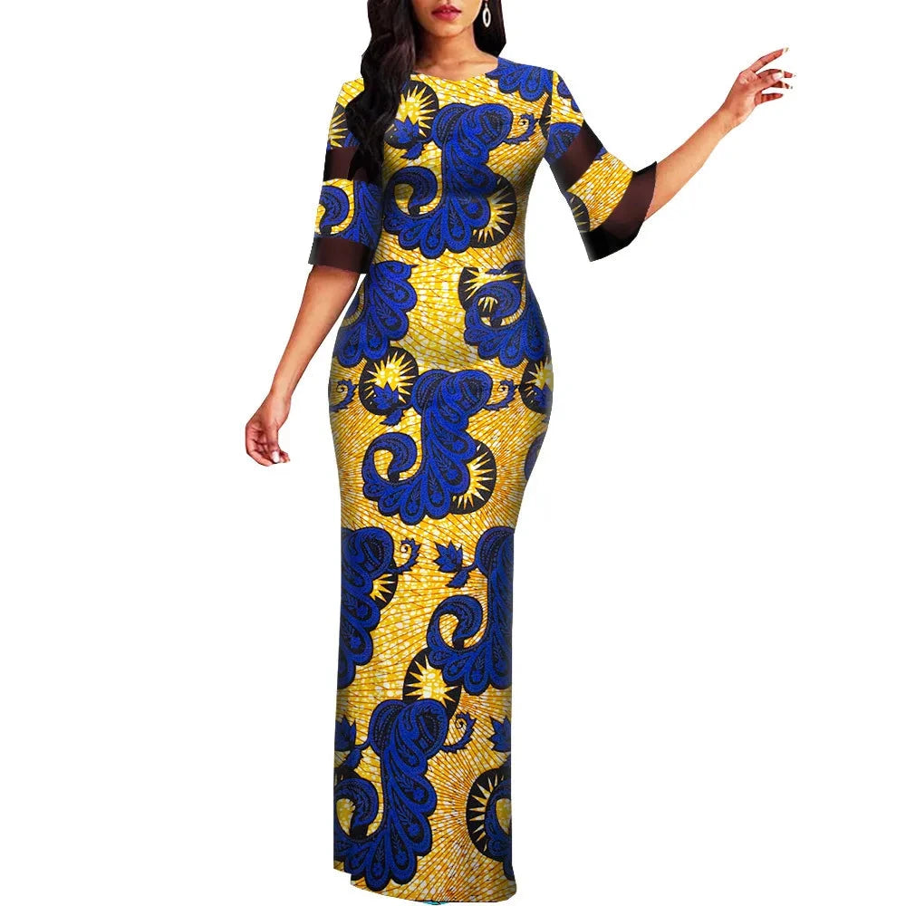 Damen Maxi Bodycon-Kleid mit halbem Ärmel und afrikanischem Dashiki-Print