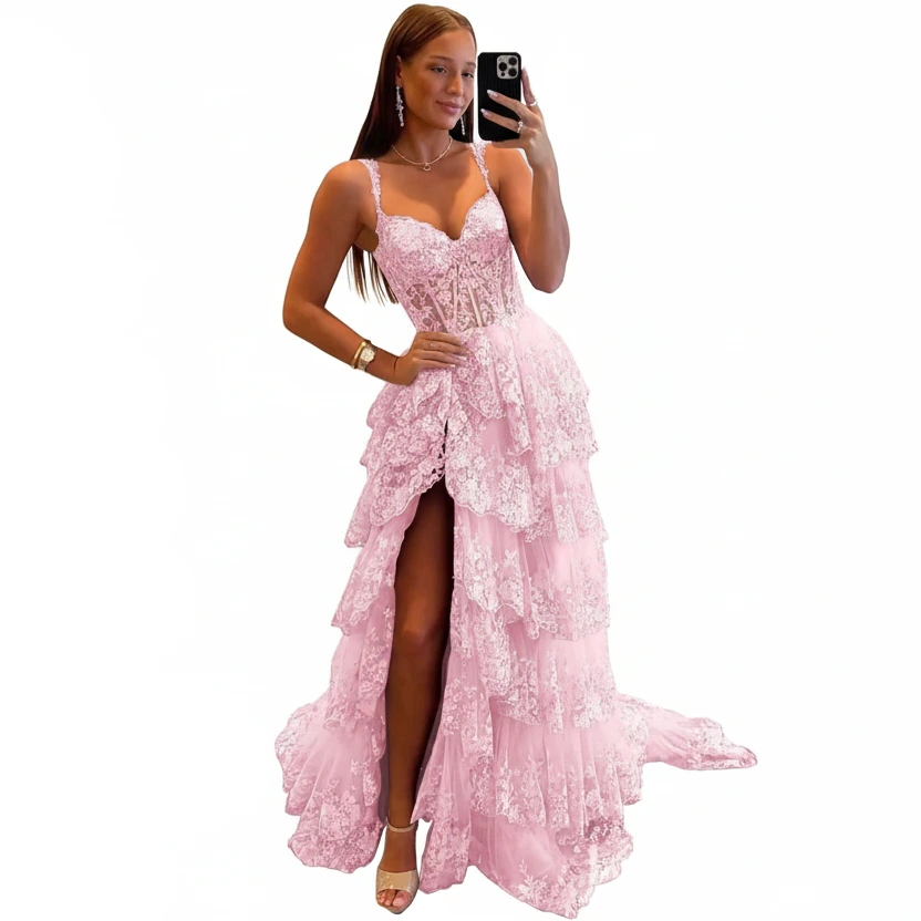 Glitzerndes, gestuftes Spitzen-Tüll-Ballkleid | Langes Korsettkleid mit Spaghettiträgern