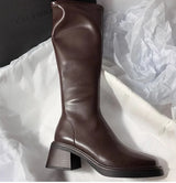Women Vintage Knee-High Block Heel Boots with Side Zipper