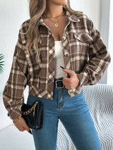 Damen karierte Cropped Wolljacke – Laternenärmel Knopfleistenmantel