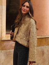 Goldene Pailletten Bomberjacke für Damen – Glitzernde Jacke