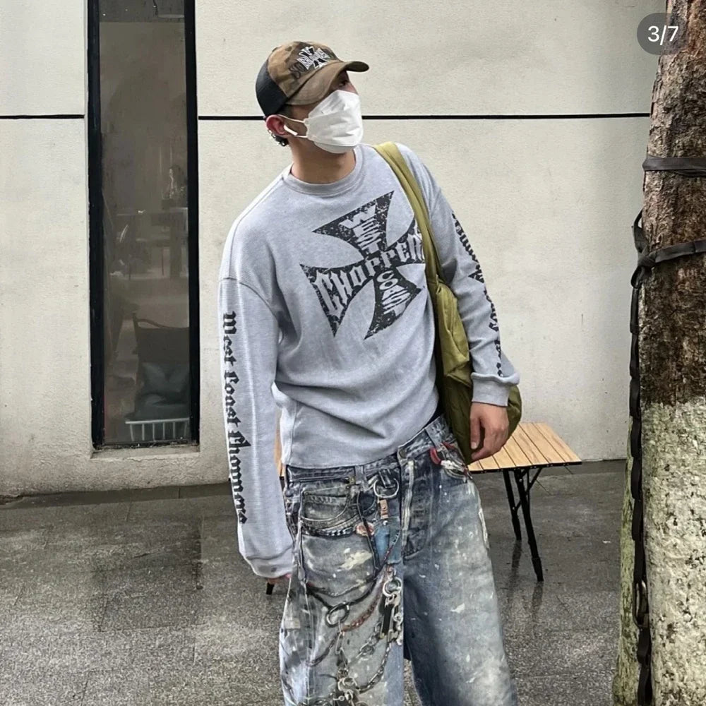 Men’s Vintage Sanskrit Logo Print Tee – Oversized Long Sleeve Hip Hop T-Shirt