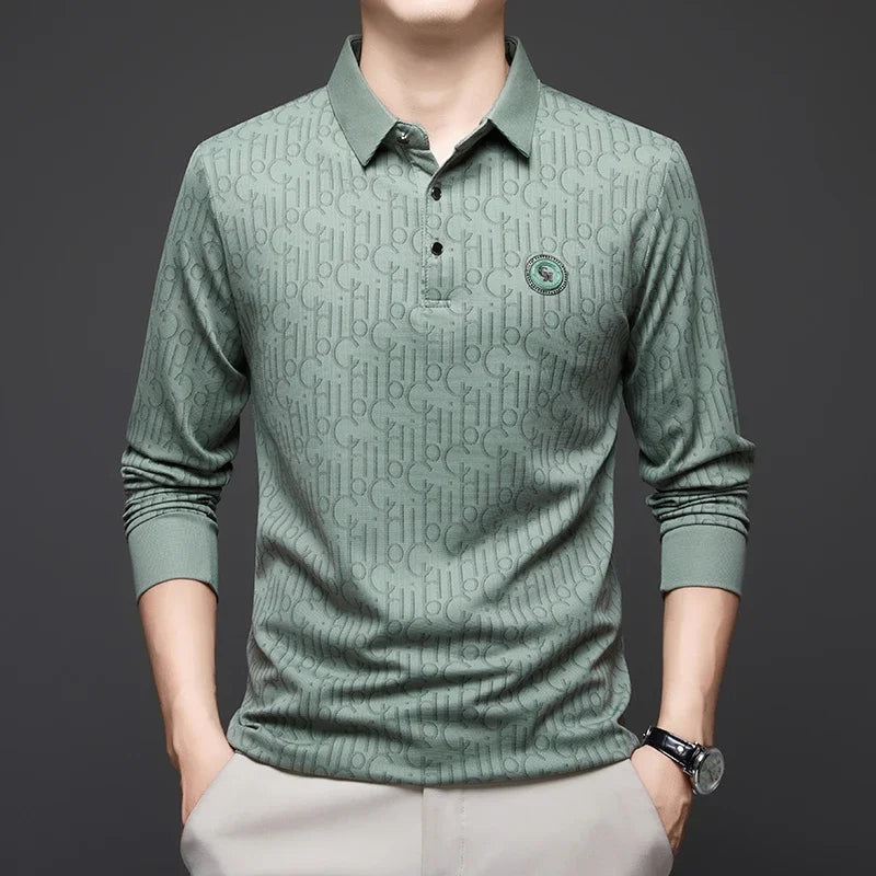 Herren Langarm-Poloshirt mit Abzeichen – Business Casual Uni-Oberteil