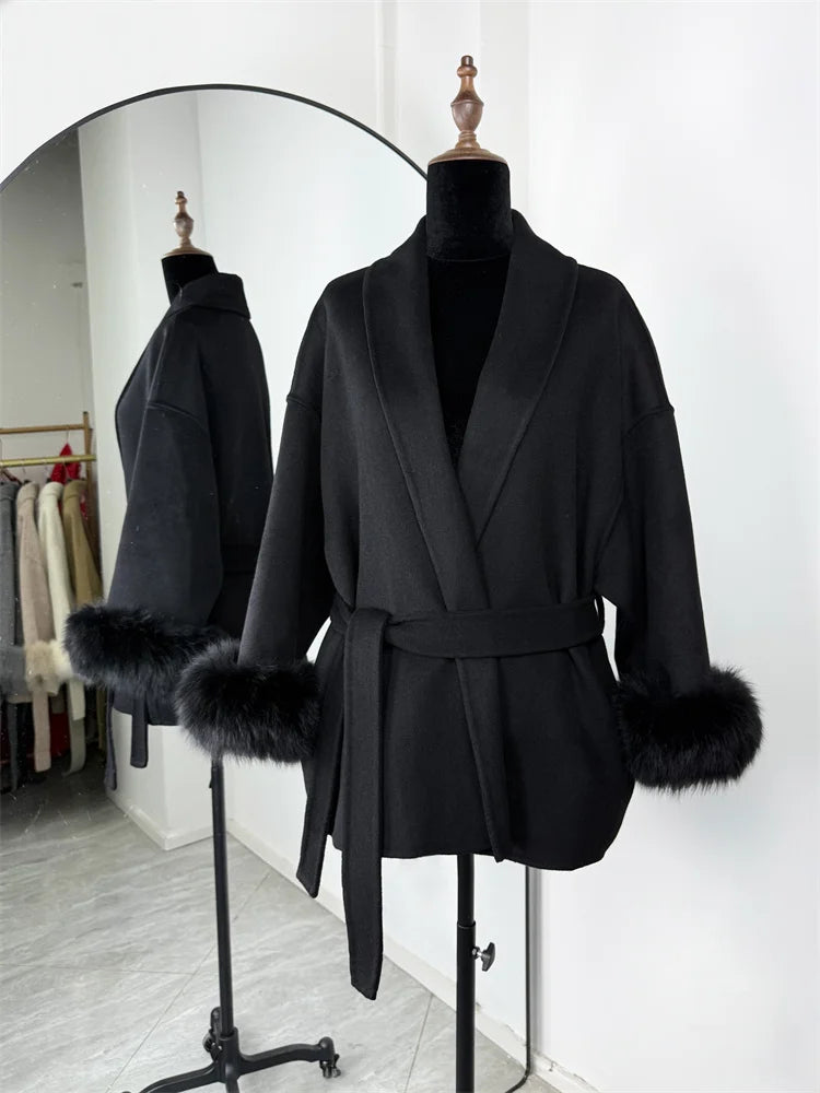 Luxuriöser Fuchsfell-Woll-Wintermantel für Damen – Eleganter doppelseitiger Wollmantel für Frauen,