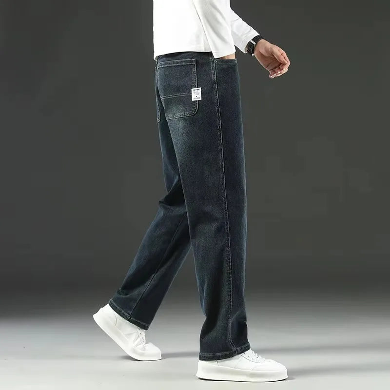 Men's High Waist Business Jeans | Classic Navy Blue Stretch Slim Denim