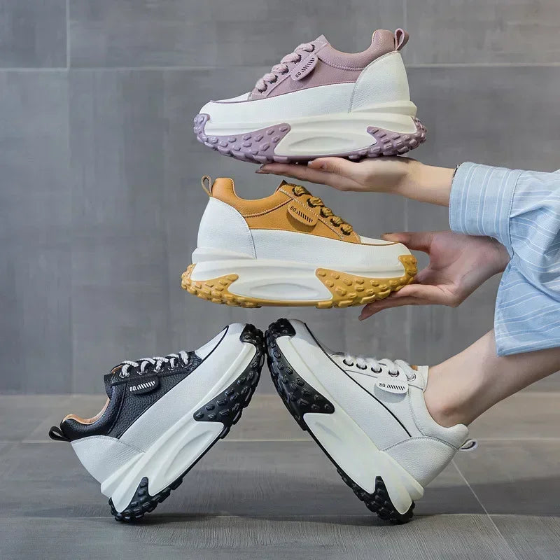 Damen 7cm Leder Plateau Keil-Sneakers – 3 Zoll klobige Absatzschuhe