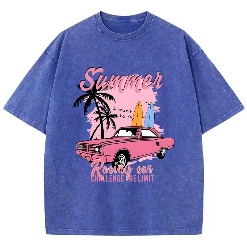 Racing Car Challenge Baumwoll-Used-T-Shirt | Vintage-Grafik-T-Shirt für Damen