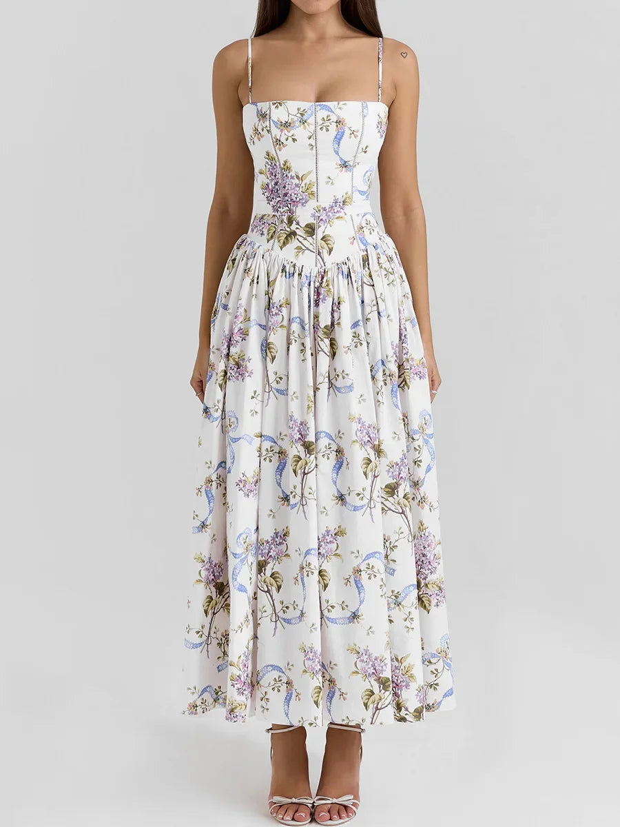 Geblümtes Midi-Sommerkleid – Elegantes Spaghettiträger-Kleid mit fließendem Schnitt
