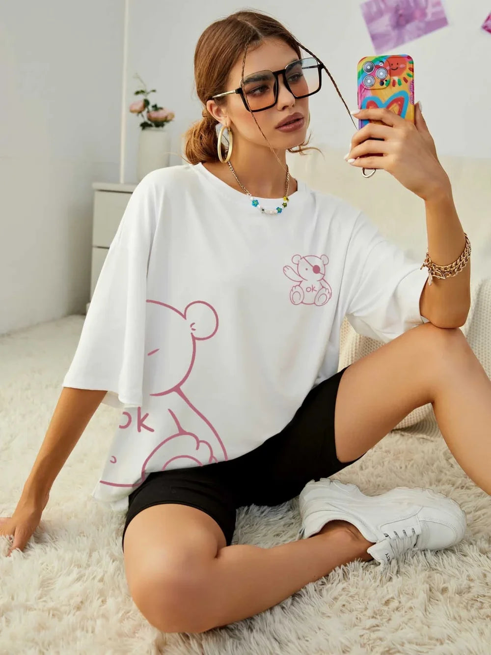 Kawaii OK Teddybär Baumwoll-T-Shirt | Süßes Grafik-T-Shirt für Damen